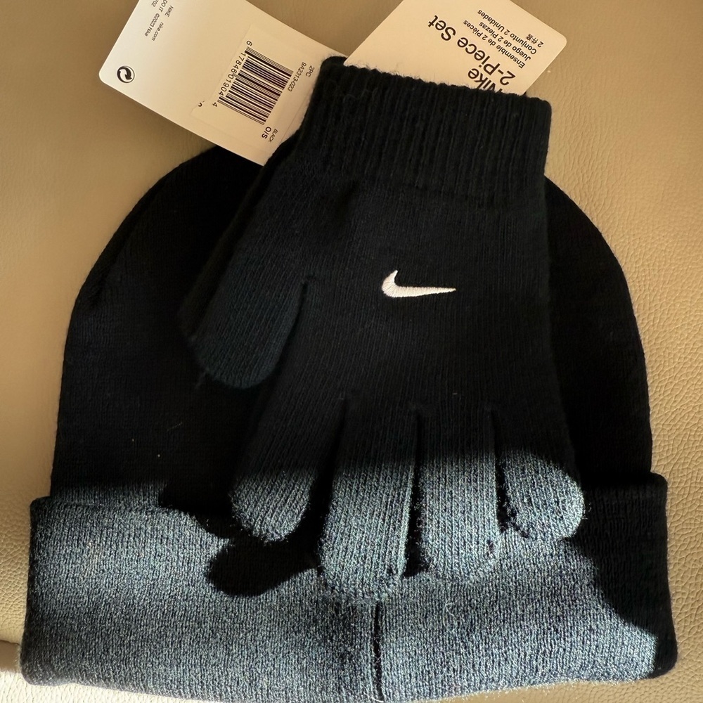 Nike kids Black Gloves and hat with White Logo